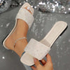 Women's Fashion Rhinestone Slide Sandals Open Summer Dressy Slippers Square Toe Slip On Flat Sandals
