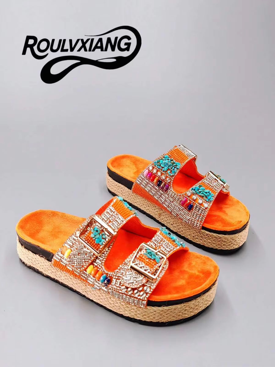 roulvxiang Elegant Platform Best-Selling Casual Home Vacation Wear Diamond Sequin Multi-Color Women's Wedge Heel Thick Soled Sandals