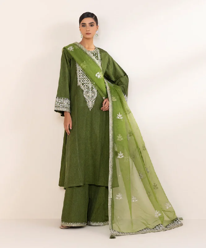 3 Piece - Embroidered Raw Silk Suit