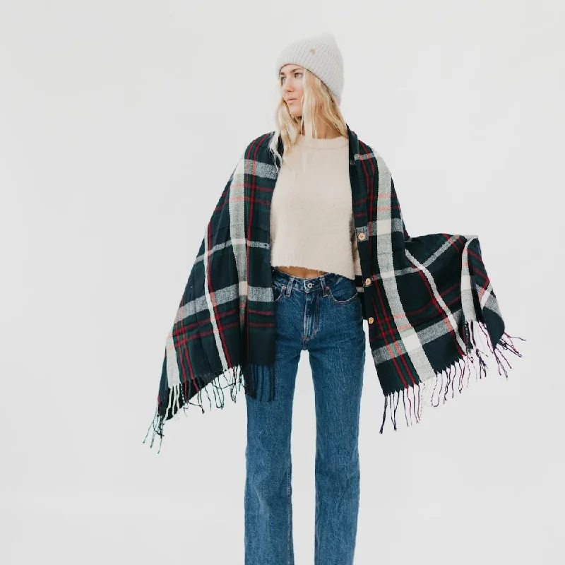 Button Plaid Shawl Scarf