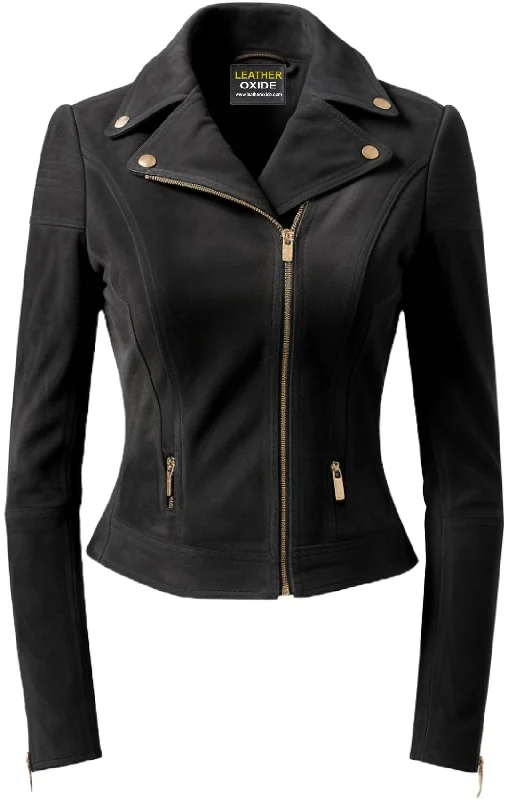 Women Black Suede Leather Jacket with Golden Zipper