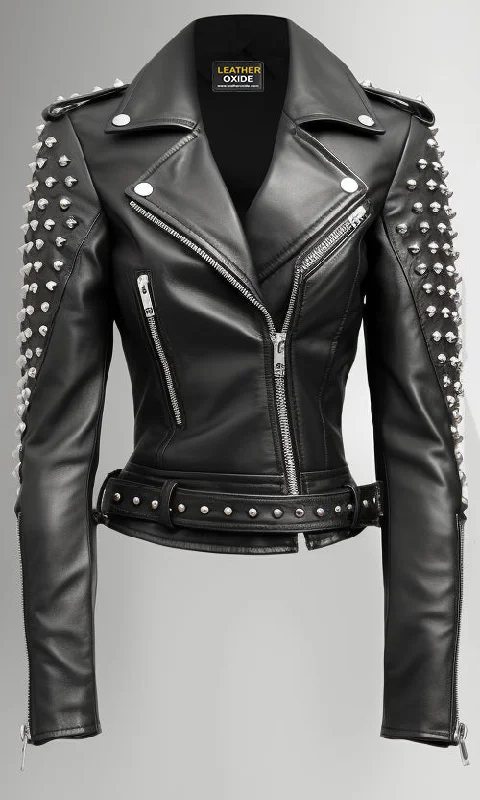 Women Studs Black Vintage Leather Jacket