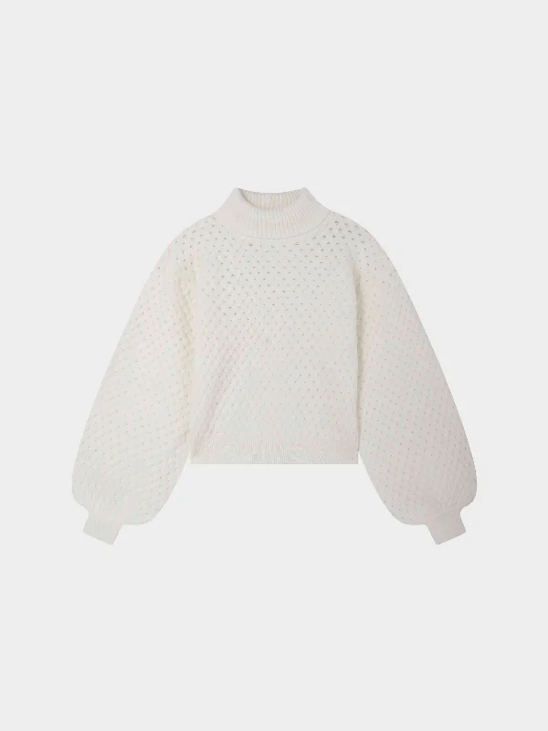 Basketweave Turtleneck Sweater-Cream