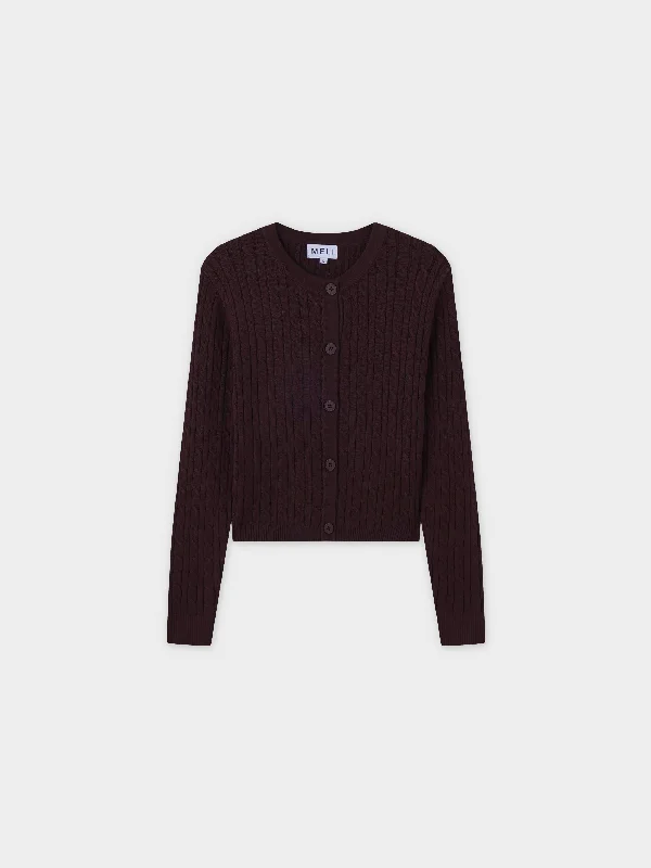 Cable Knit Crew Cardigan-Brown