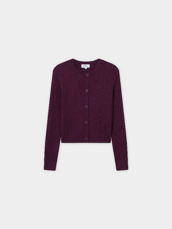 Cable Knit Crew Cardigan-Burgundy