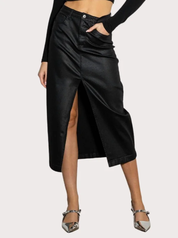 Front Slit Midi Coated Skirt In Black