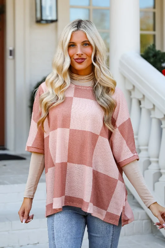 FINAL SALE - Delaney Blush Checkered Waffle Knit Top - DOORBUSTER