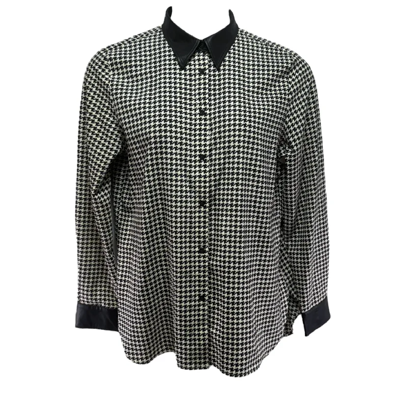 Houndstooth Faux Leather Trim Shirt By Lauren By Ralph Lauren In Black & Cream, Size: L