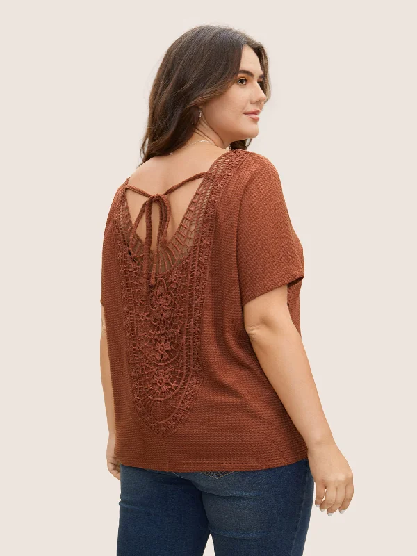 Waffle Knit Back Lace Patchwork Tie Knot T-shirt